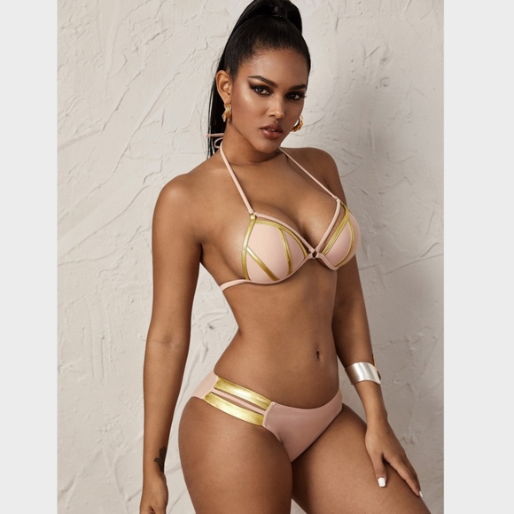 Strappy Light Pink and Gold Swimsuit - Picture 2 of 6